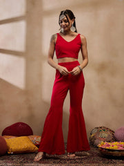 Crop Top With Bell Bottom Pants And Jacket In Red Color