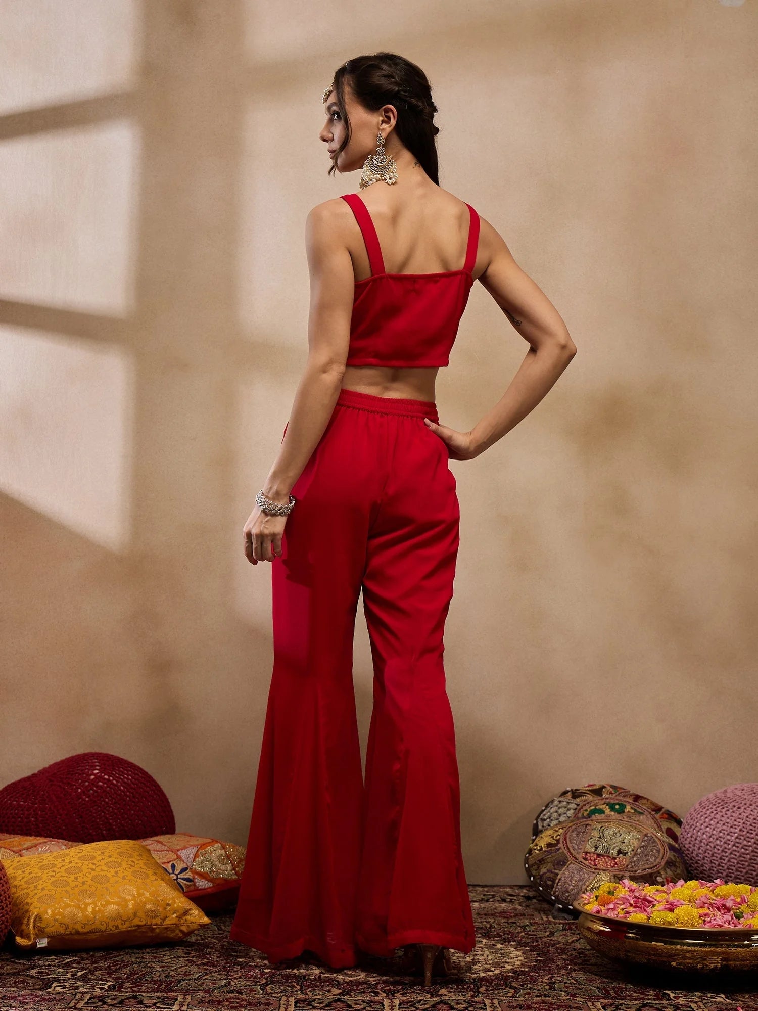 Red Crop Top Bell Bottom Pant & Jacket Set - Western Clothing