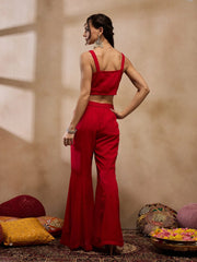 Crop Top With Bell Bottom Pants And Jacket In Red Color