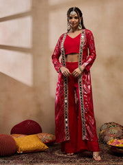 Crop Top With Bell Bottom Pants And Jacket In Red Color