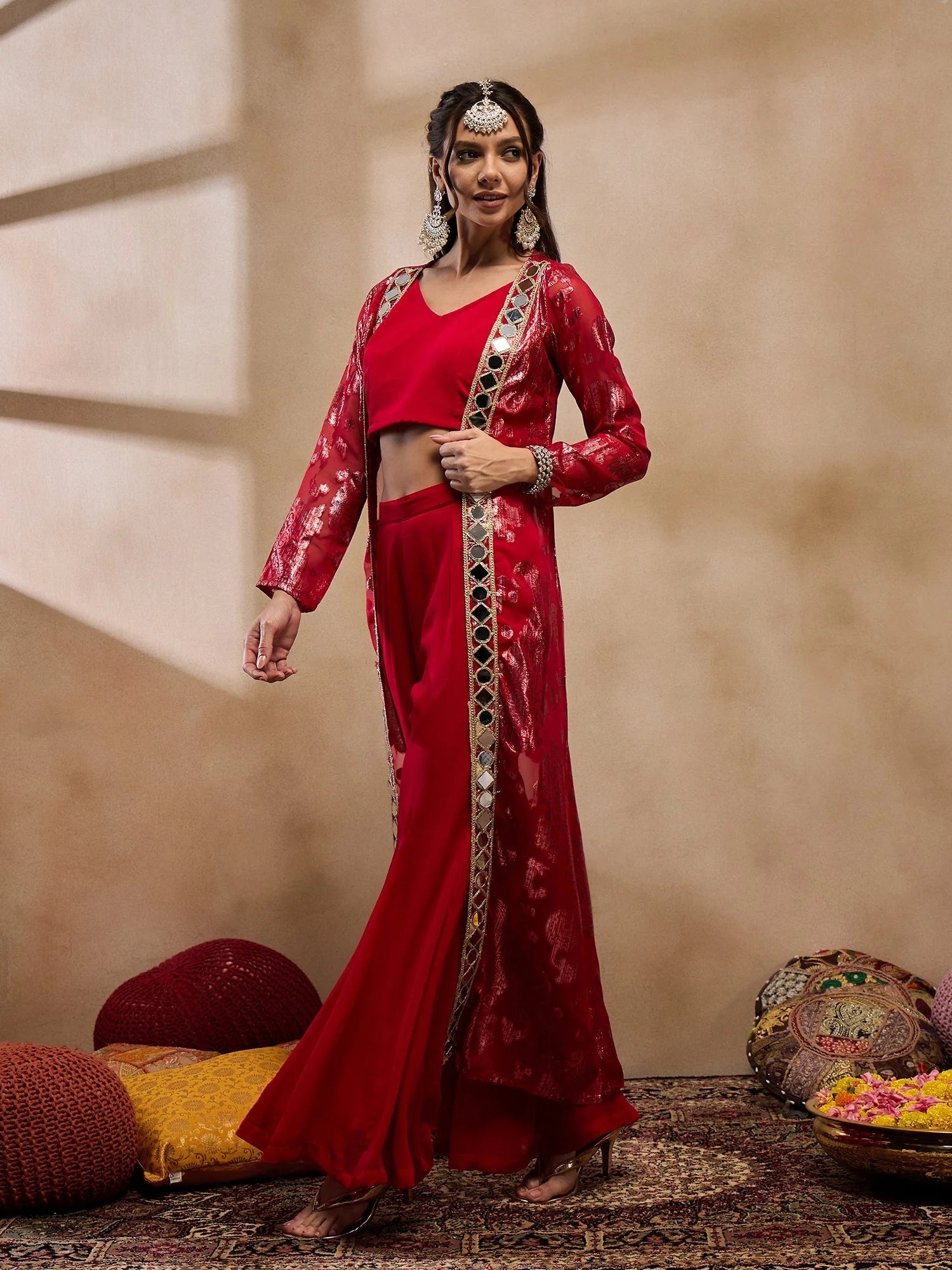 Red Crop Top Bell Bottom Pant & Jacket Set - Western Clothing