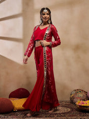 Crop Top With Bell Bottom Pants And Jacket In Red Color