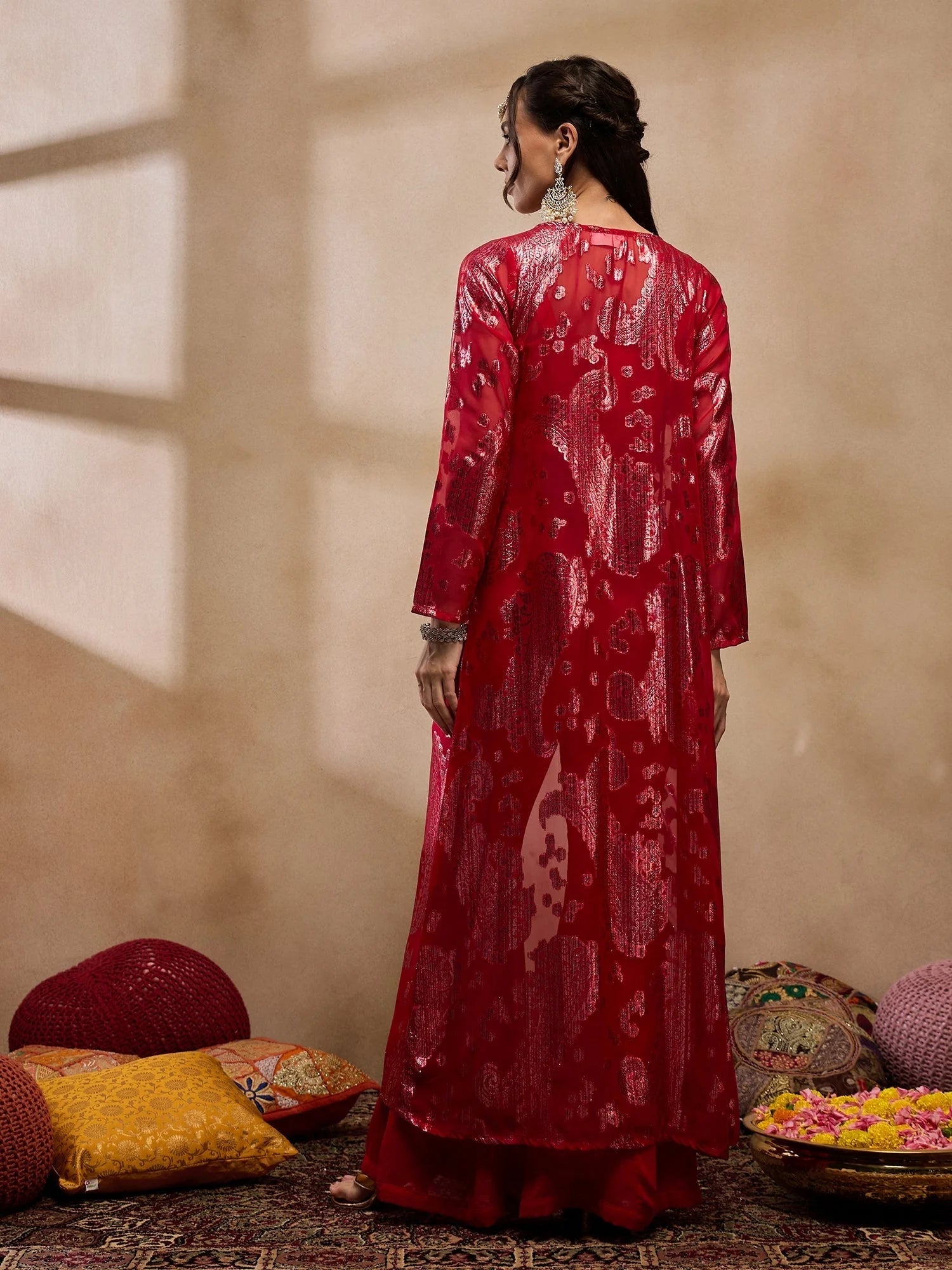 Red Crop Top Bell Bottom Pant & Jacket Set - Western Clothing