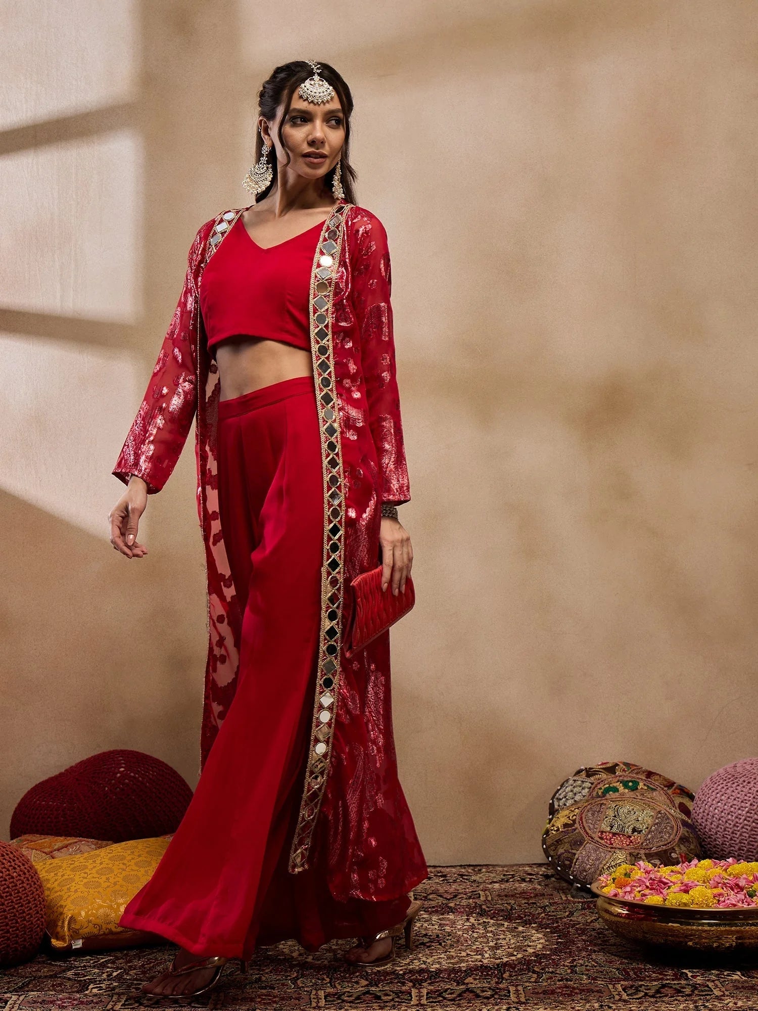 Red Crop Top Bell Bottom Pant & Jacket Set - Western Clothing