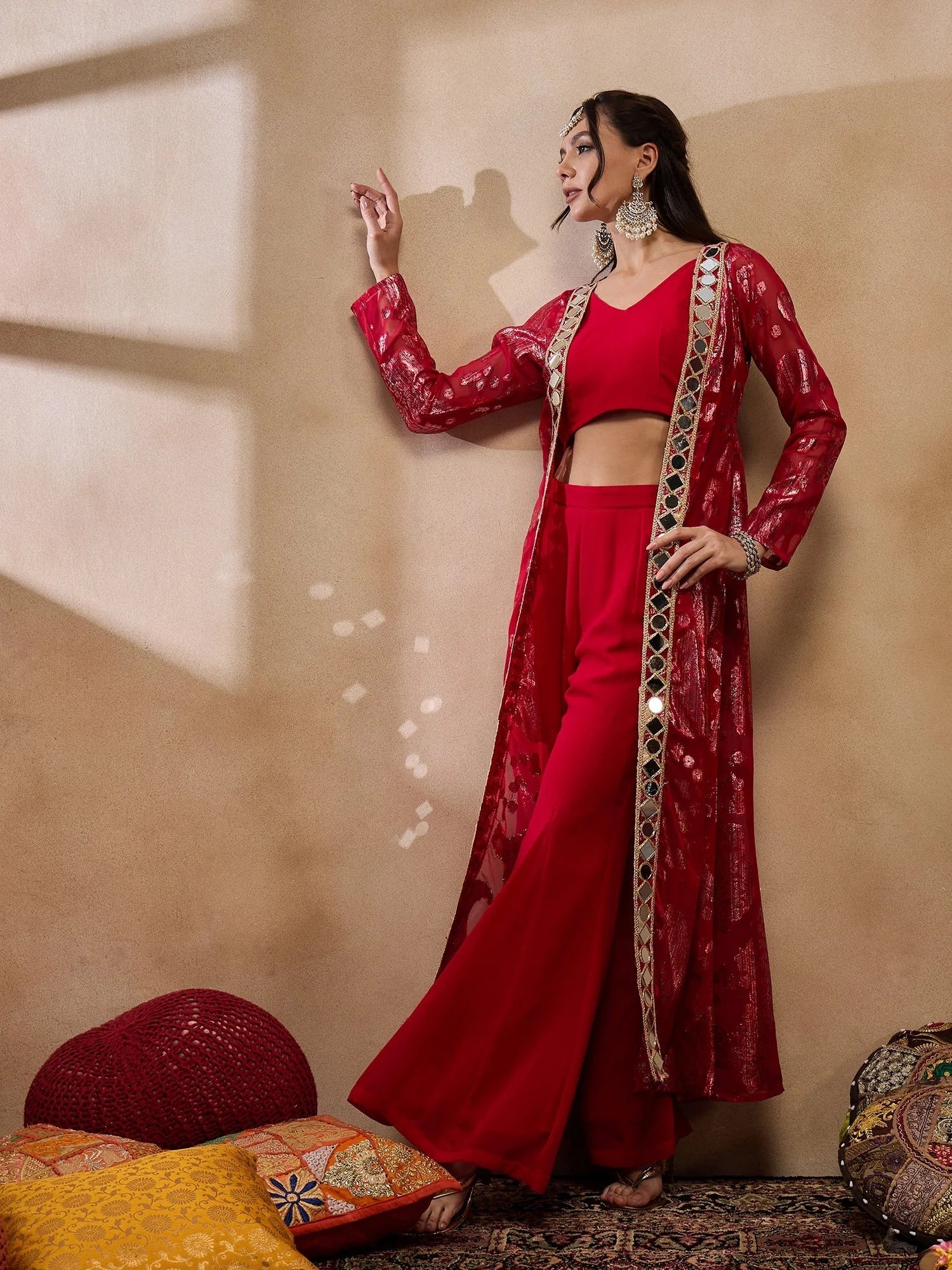 Red Crop Top Bell Bottom Pant & Jacket Set - Western Clothing