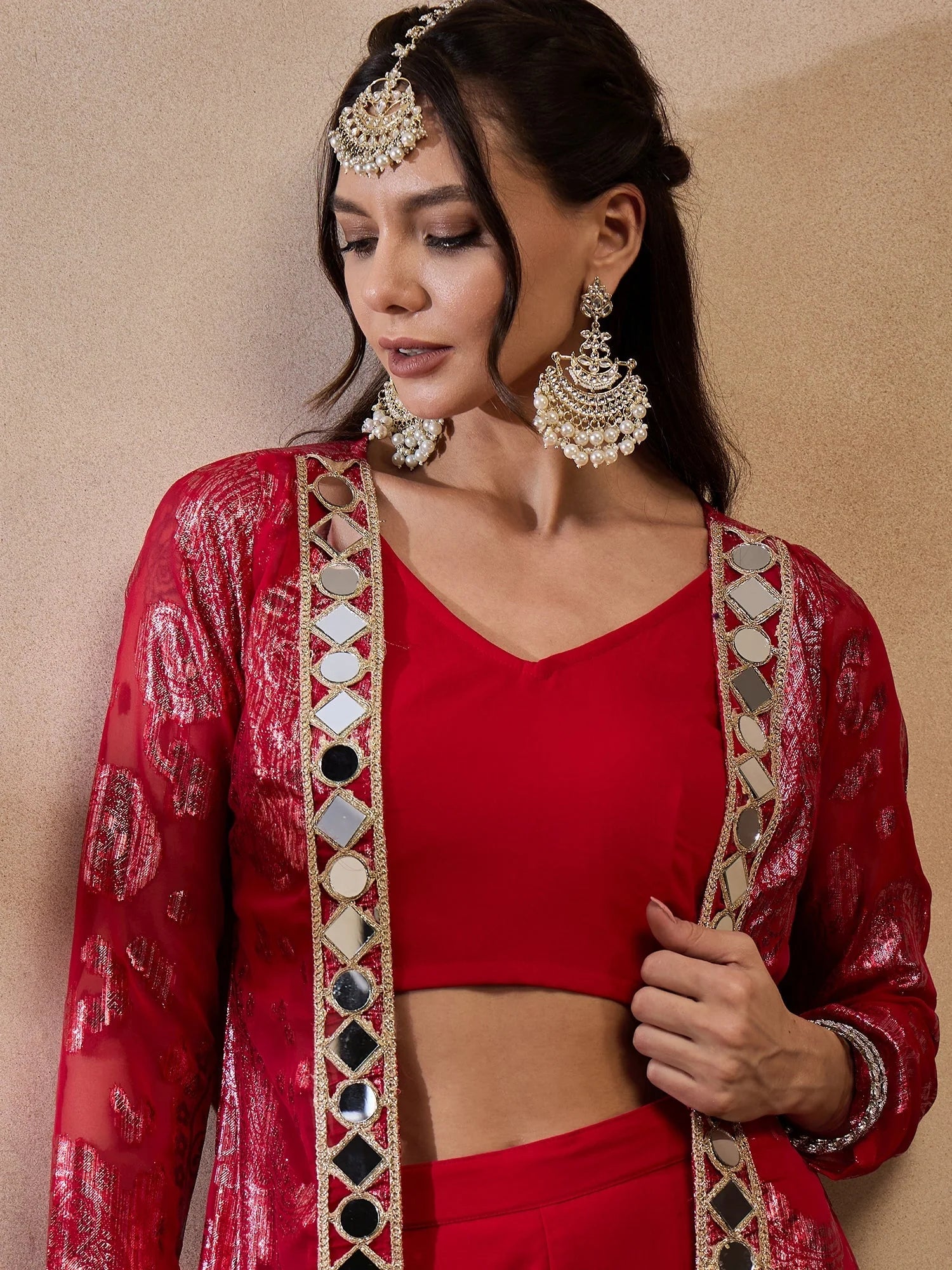 Red Crop Top Bell Bottom Pant & Jacket Set - Western Clothing