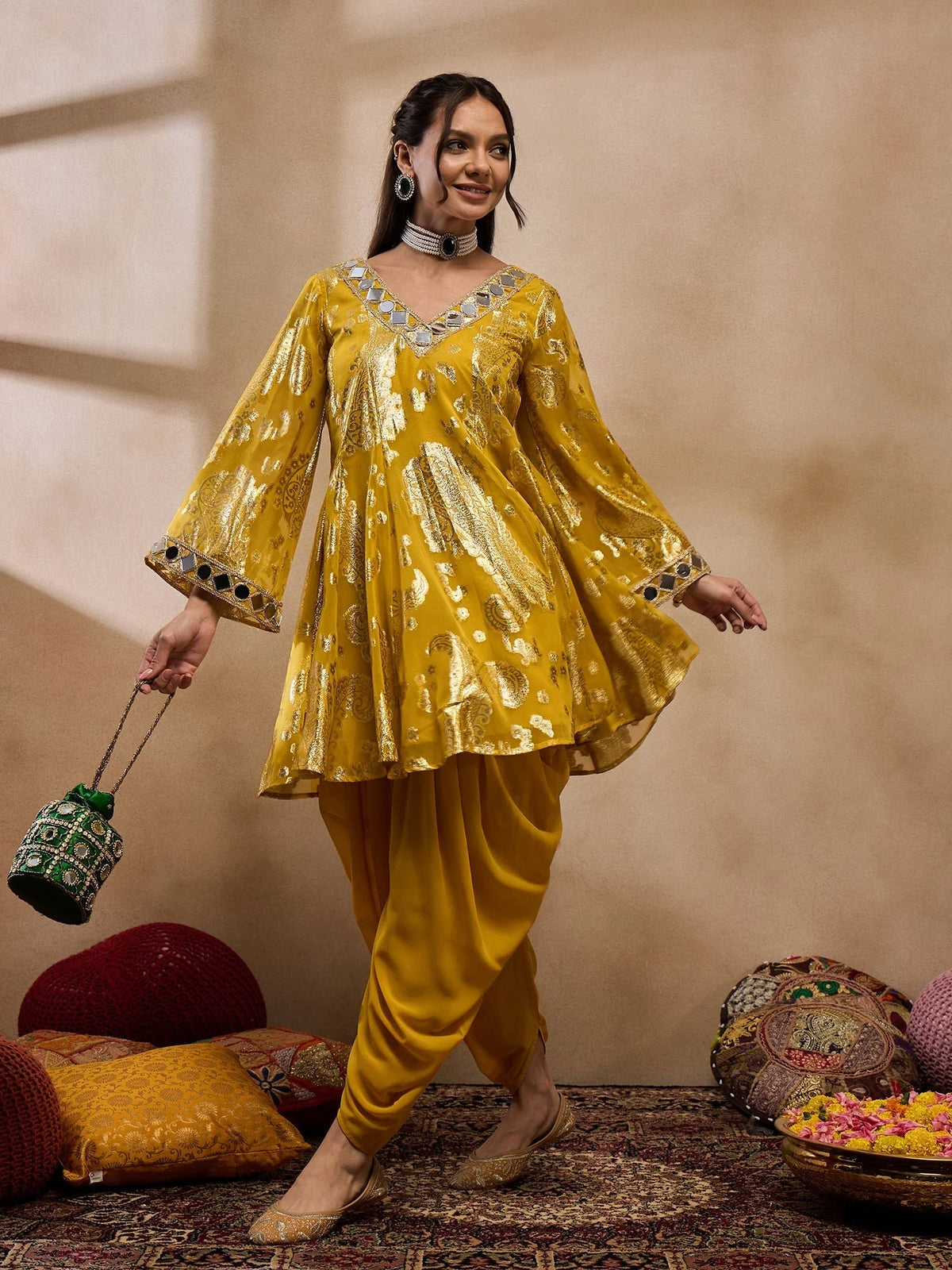 Flare Kurta With Dhoti Pants In Yellow Color