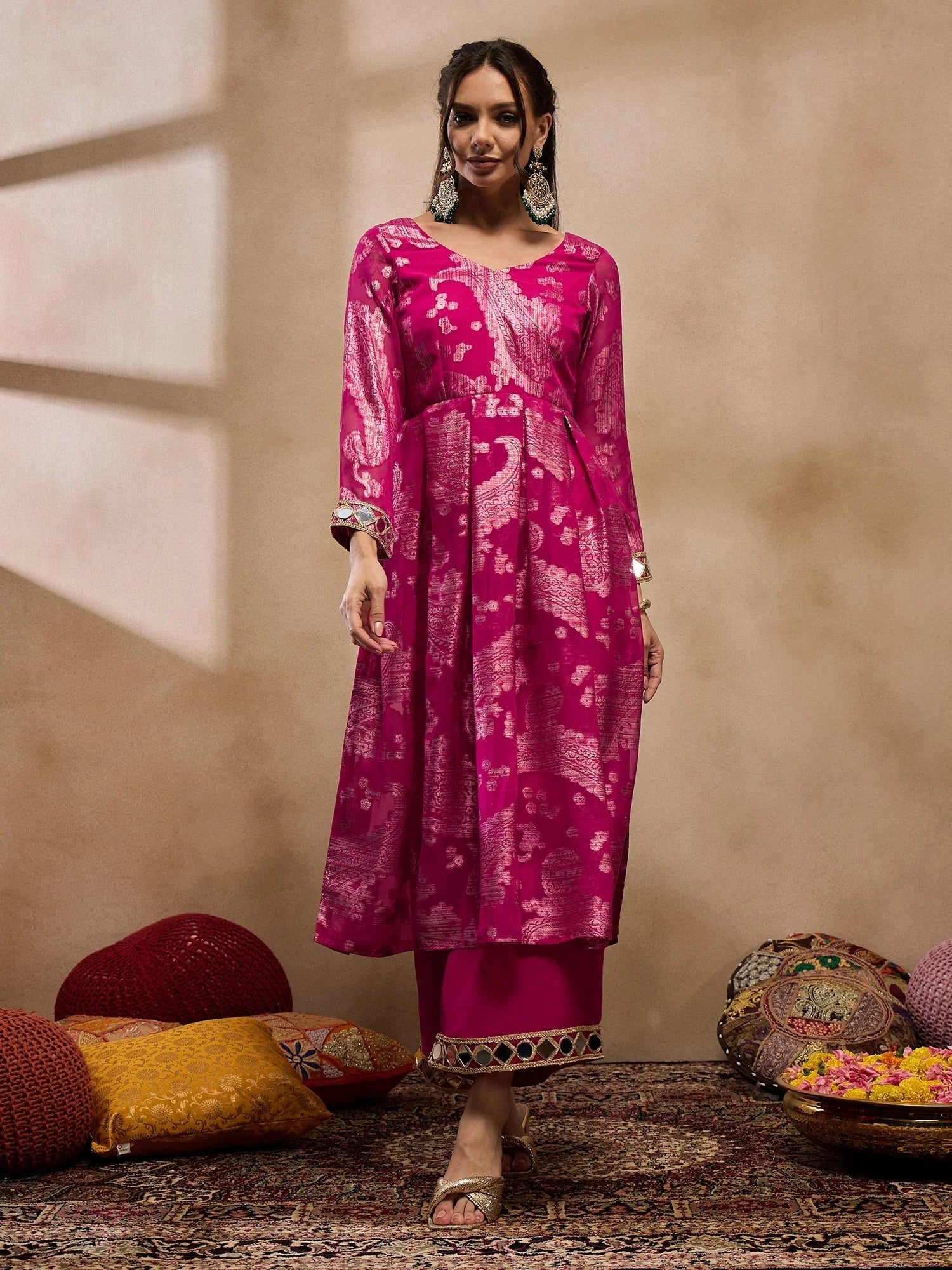 Pink Box Pleat Kurta with Palazzo | Indian Suits for Women