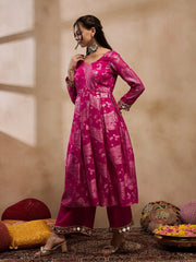 Box Pleat Flare Kurta With Palazzo In Pink Color
