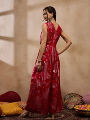 Overlap Neck Jumpsuit In Red Color