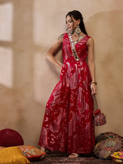 Overlap Neck Jumpsuit In Red Color