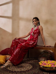 Overlap Neck Jumpsuit In Red Color