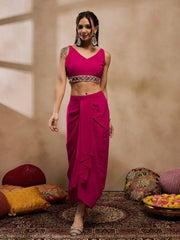 Crop Top With Draped Skirt And Cape In Pink Color