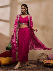 Crop Top With Draped Skirt And Cape In Pink Color