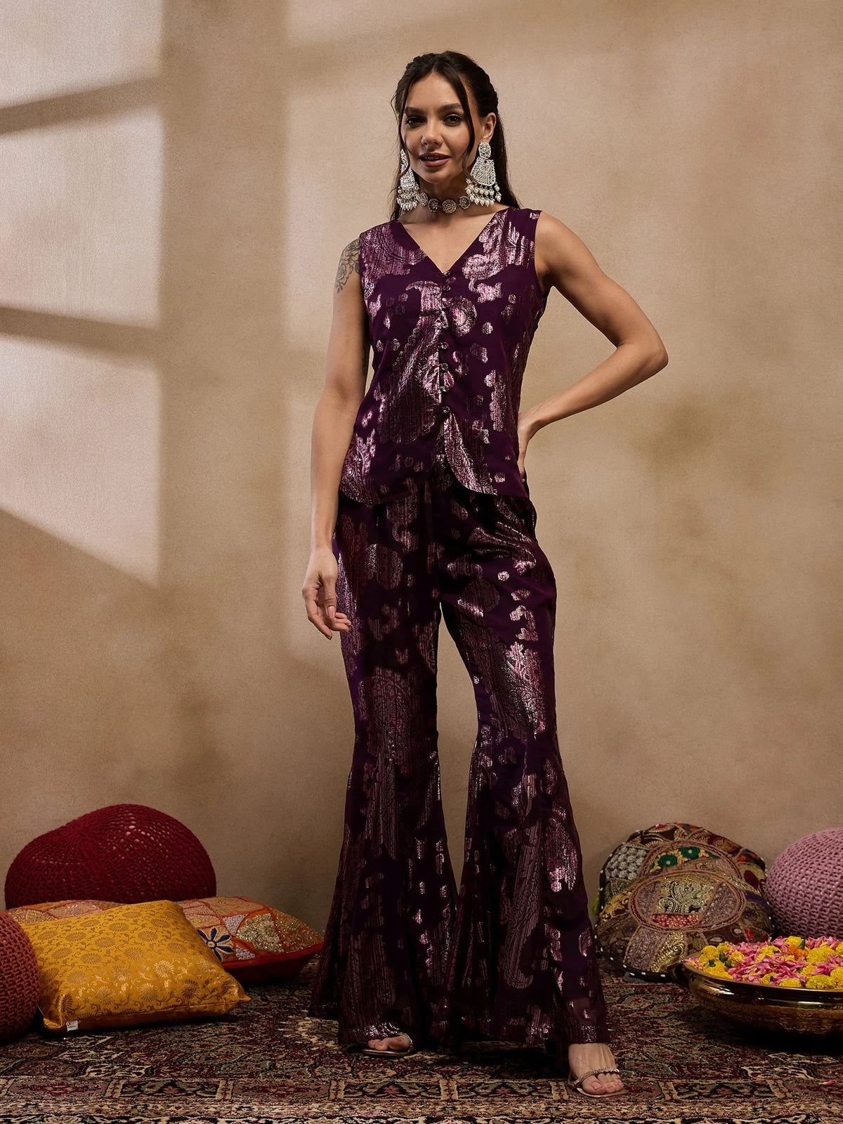 Loop Button Waist Coat With Bell Bottom Pant In Purple Color