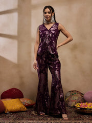 Loop Button Waist Coat With Bell Bottom Pant In Purple Color