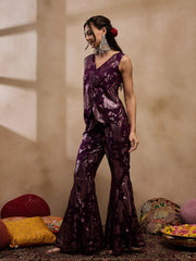 Loop Button Waist Coat With Bell Bottom Pant In Purple Color