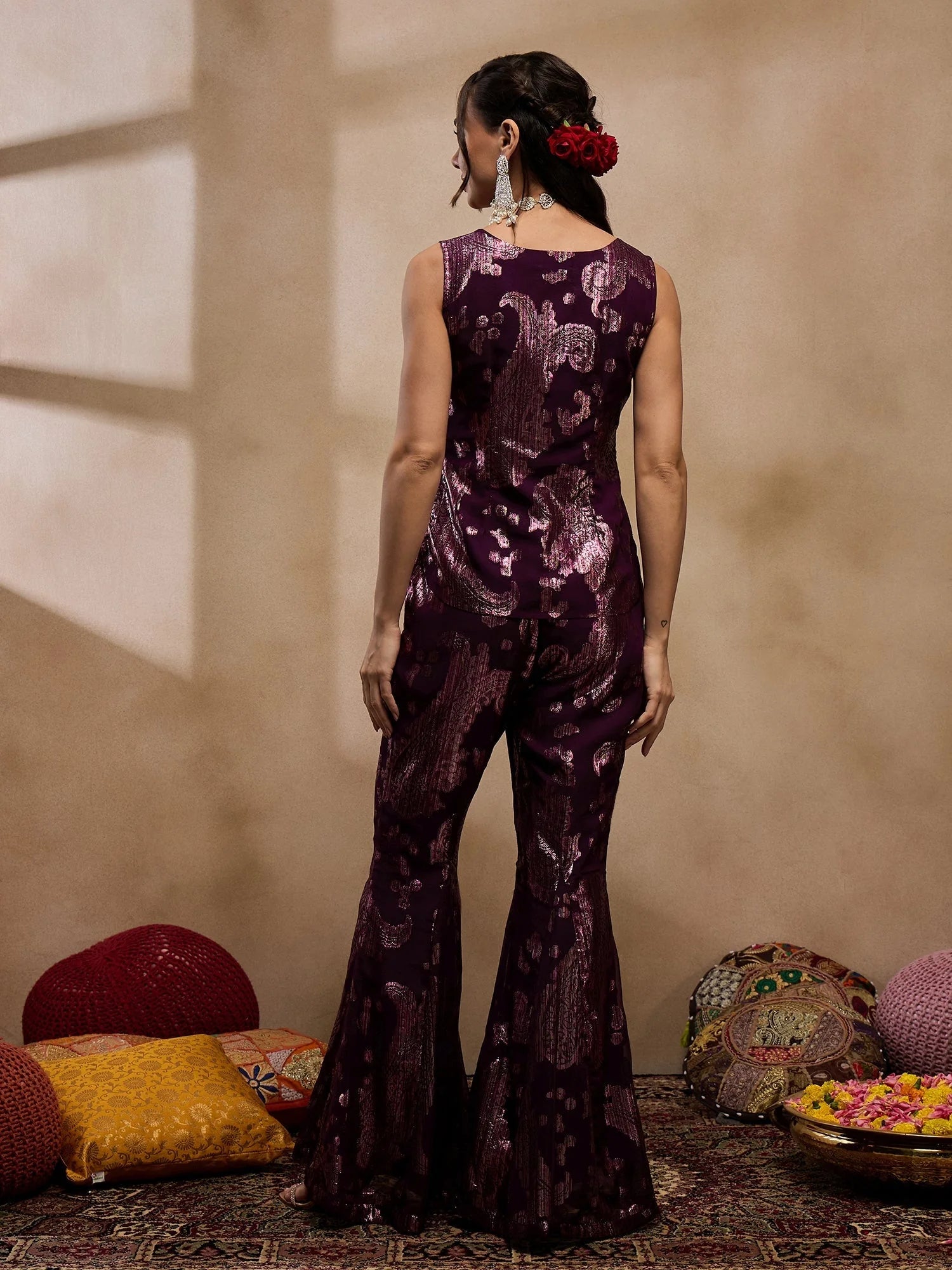 Purple Waist Coat Bell Bottom Pant Set - Women's Western Wear