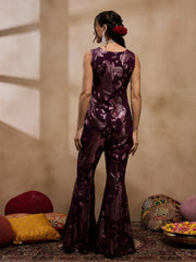 Loop Button Waist Coat With Bell Bottom Pant In Purple Color