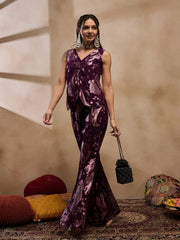 Loop Button Waist Coat With Bell Bottom Pant In Purple Color