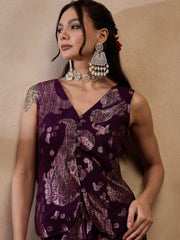 Loop Button Waist Coat With Bell Bottom Pant In Purple Color