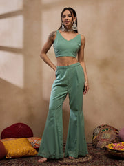 Crop Top With Bell Bottom Pants And Jacket In Sea Green Color
