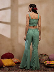 Crop Top With Bell Bottom Pants And Jacket In Sea Green Color