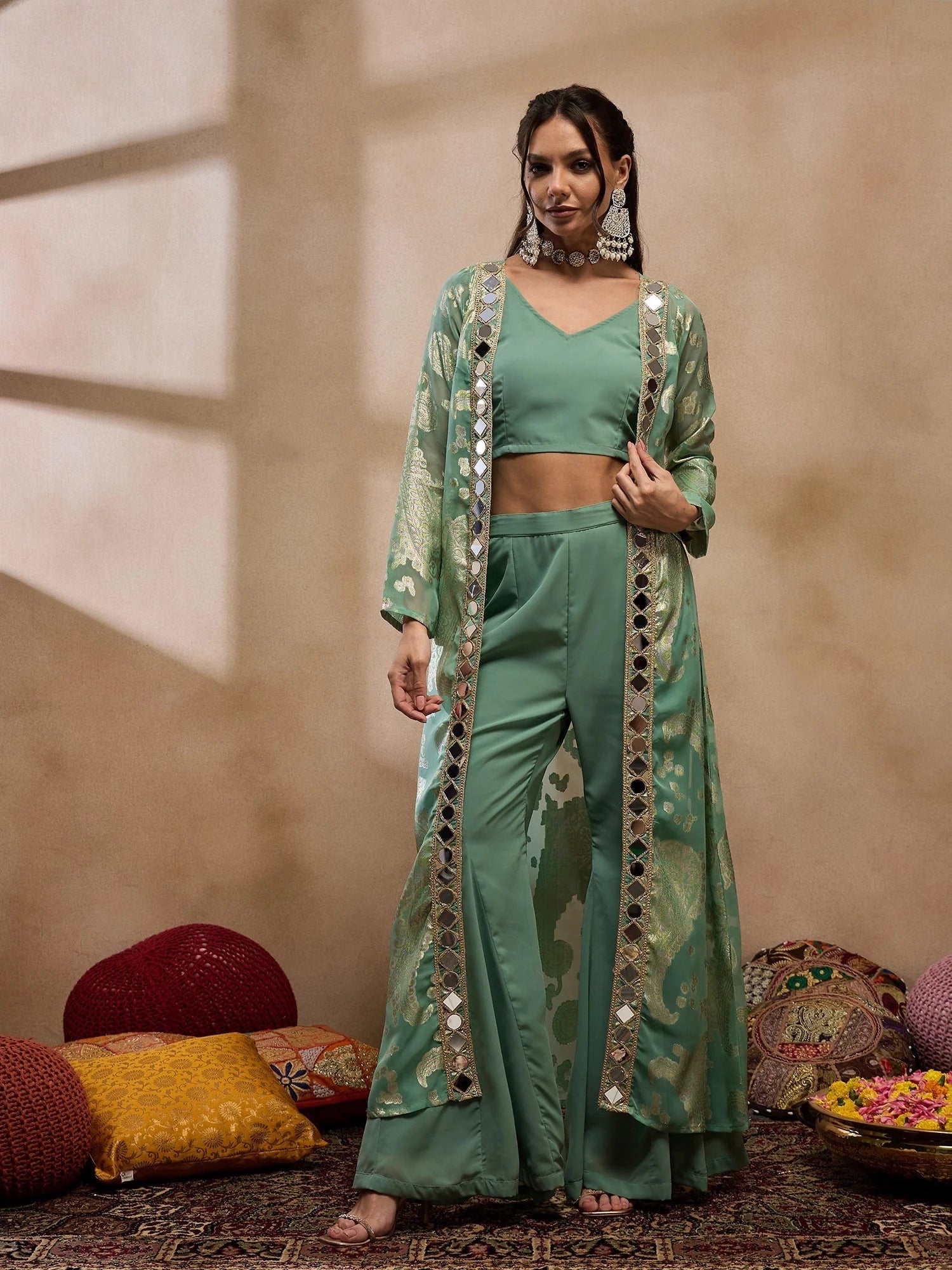 Sea Green Crop Top Bell Bottom Pant & Jacket - Western Wear