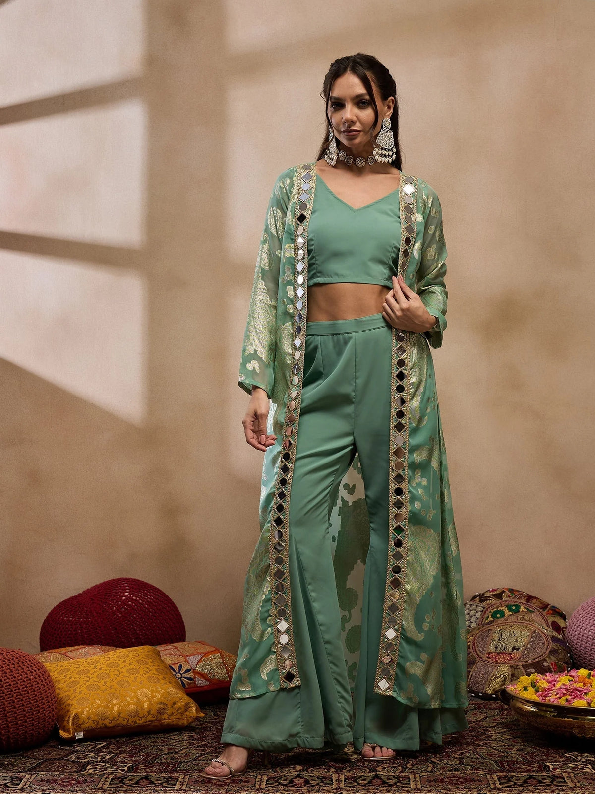 Crop Top With Bell Bottom Pants And Jacket In Sea Green Color