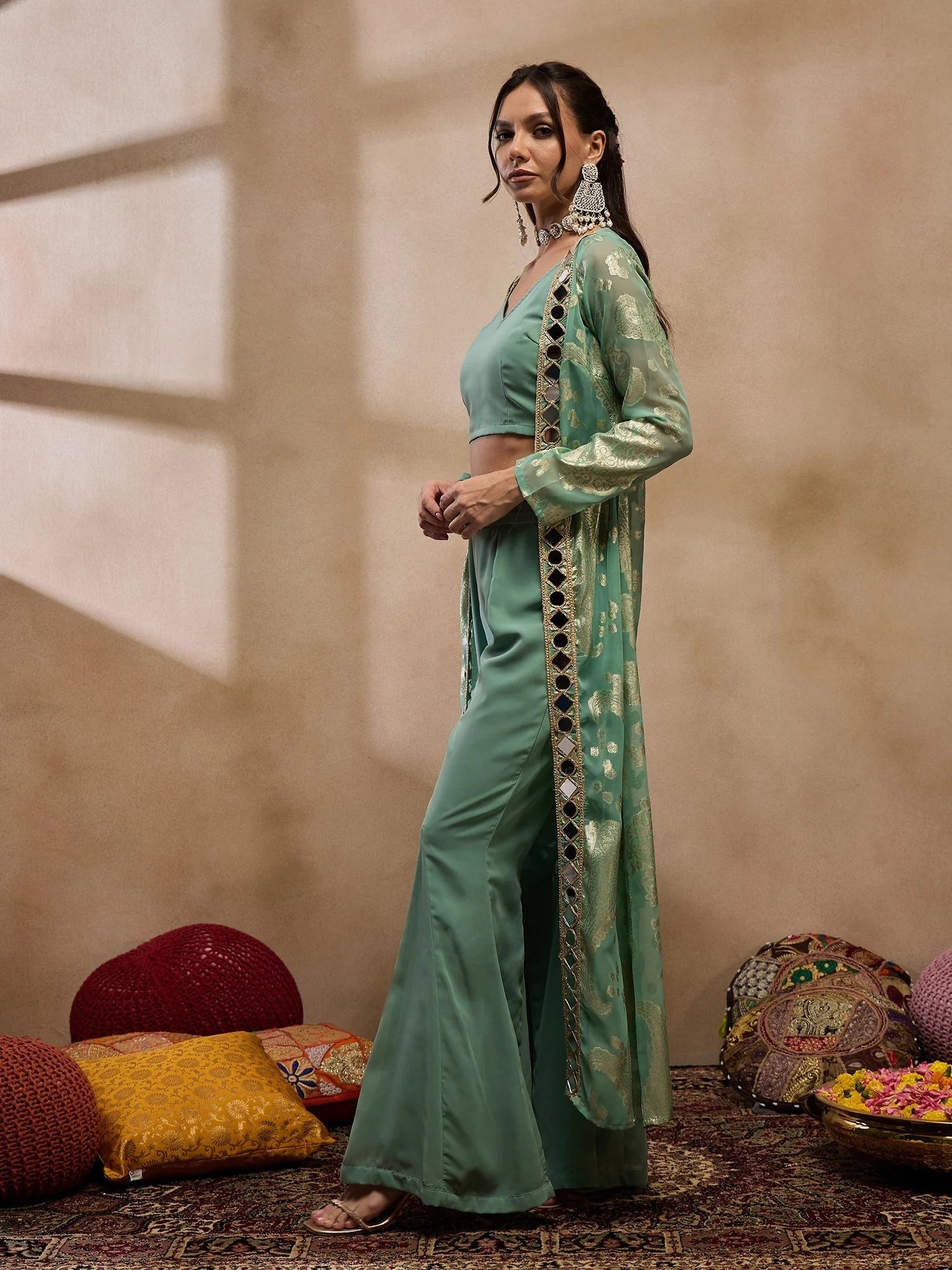 Sea Green Crop Top Bell Bottom Pant & Jacket - Western Wear