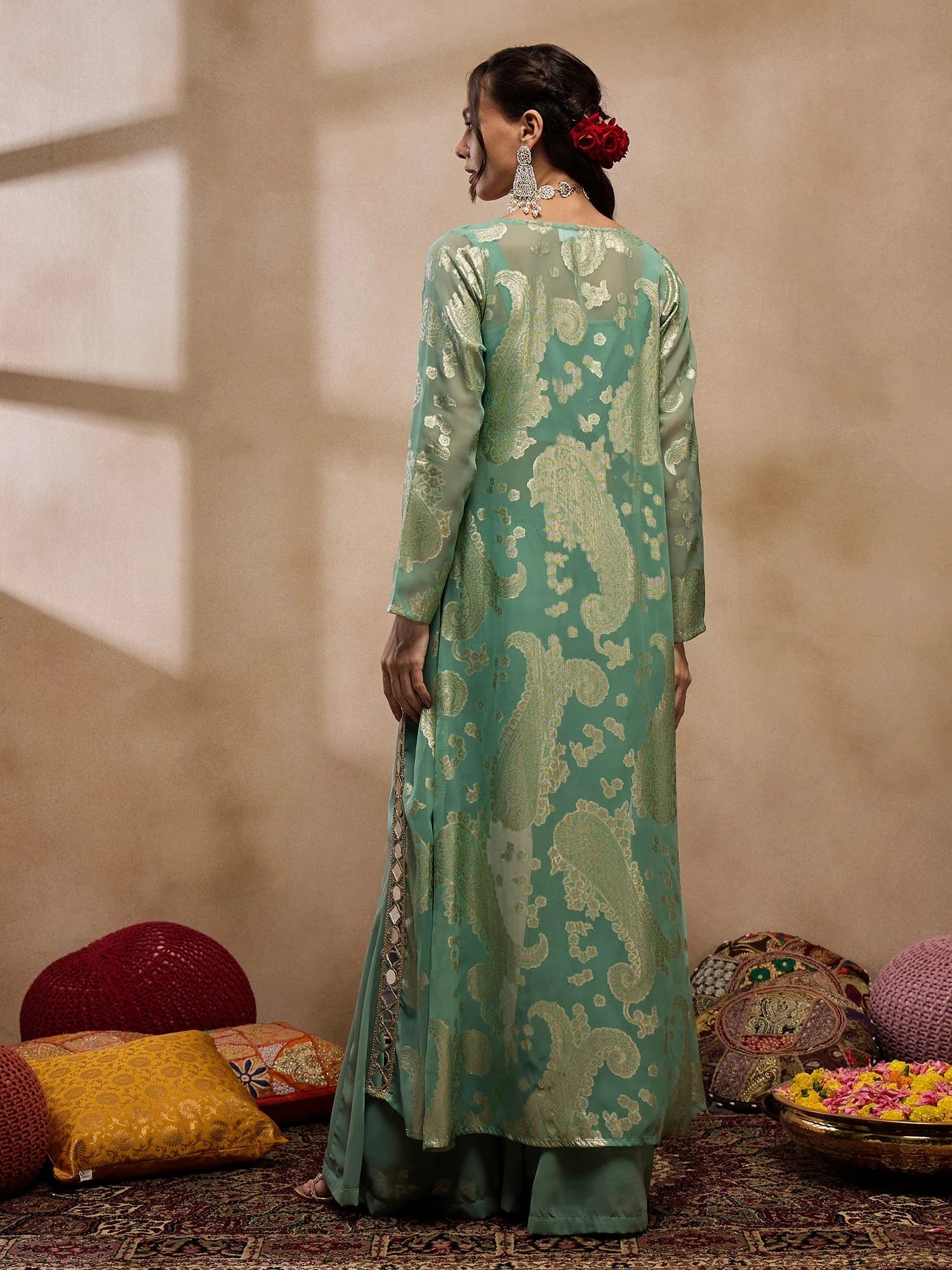 Sea Green Crop Top Bell Bottom Pant & Jacket - Western Wear