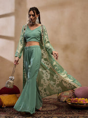 Crop Top With Bell Bottom Pants And Jacket In Sea Green Color