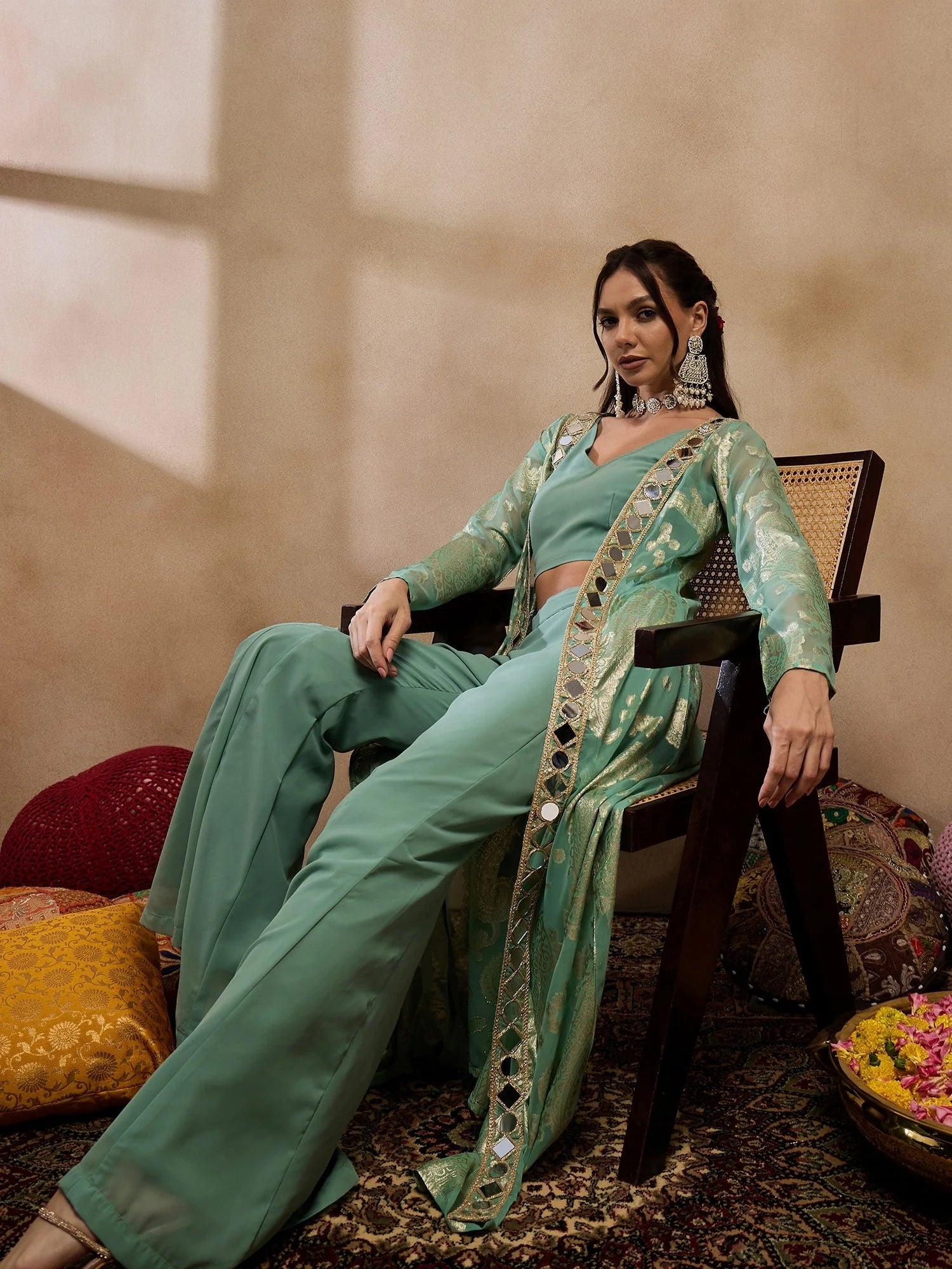 Sea Green Crop Top Bell Bottom Pant & Jacket - Western Wear