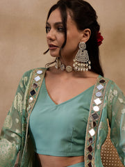 Crop Top With Bell Bottom Pants And Jacket In Sea Green Color