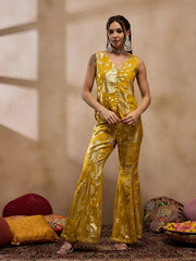 Loop Button Waist Coat With Bell Bottom Pant In Yellow Color