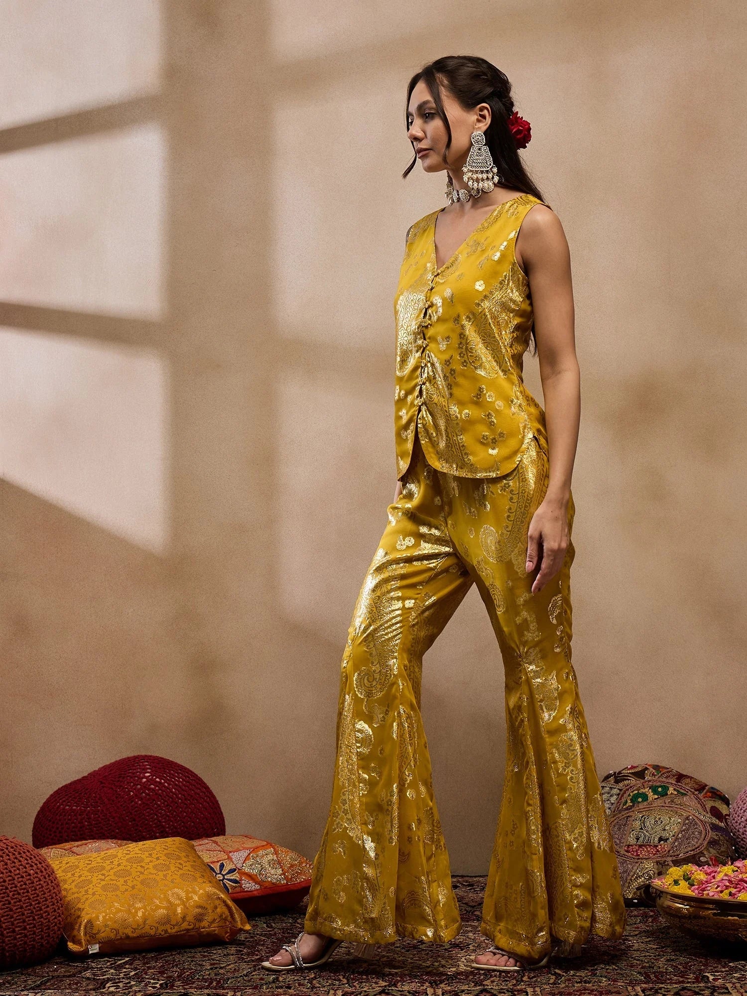 Yellow Waist Coat Bell Bottom Pant Set - Women's Western Clothing