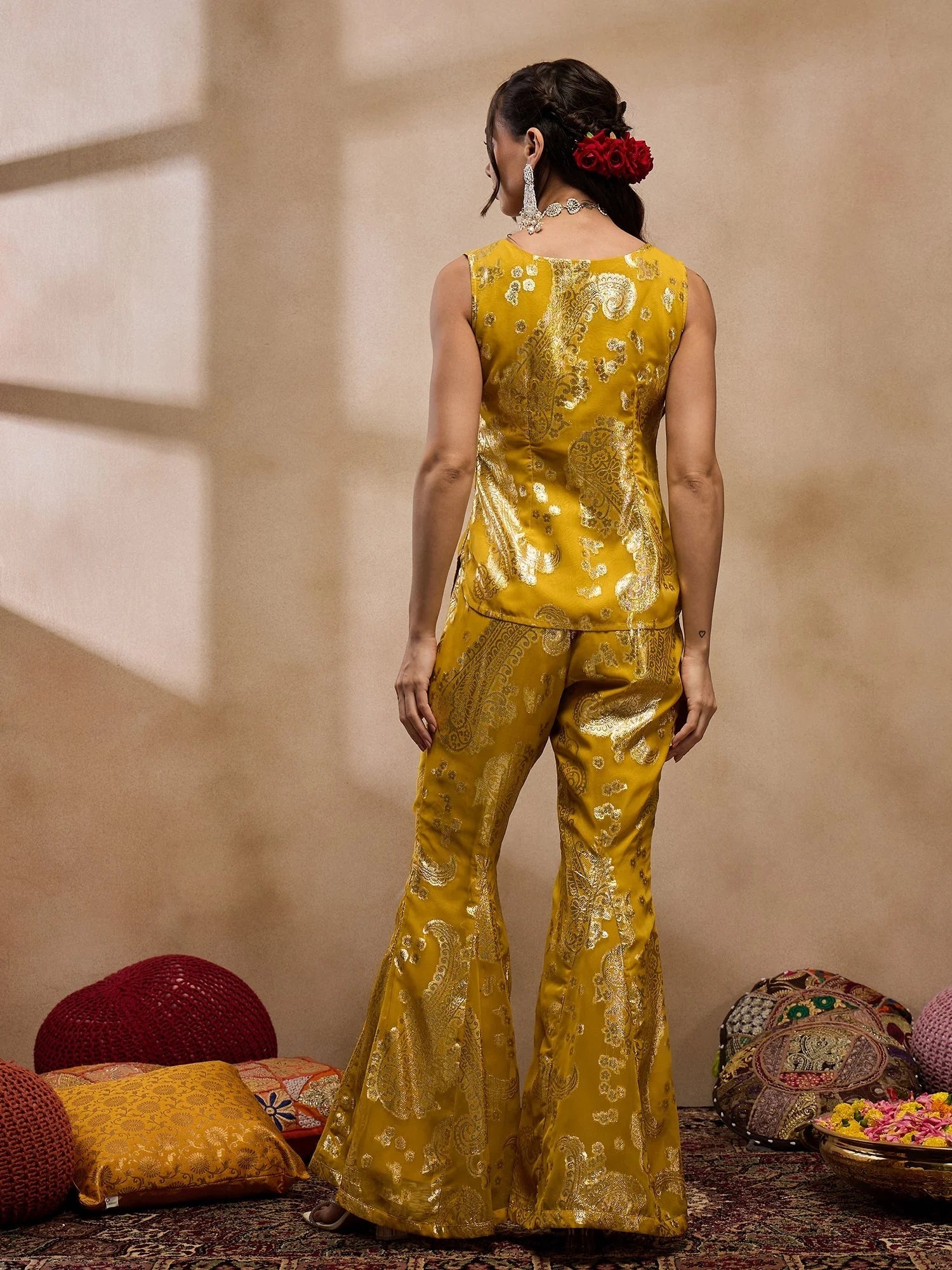 Yellow Waist Coat Bell Bottom Pant Set - Women's Western Clothing