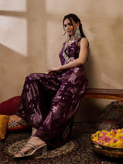 Overlap Neck Jumpsuit In Purple Color