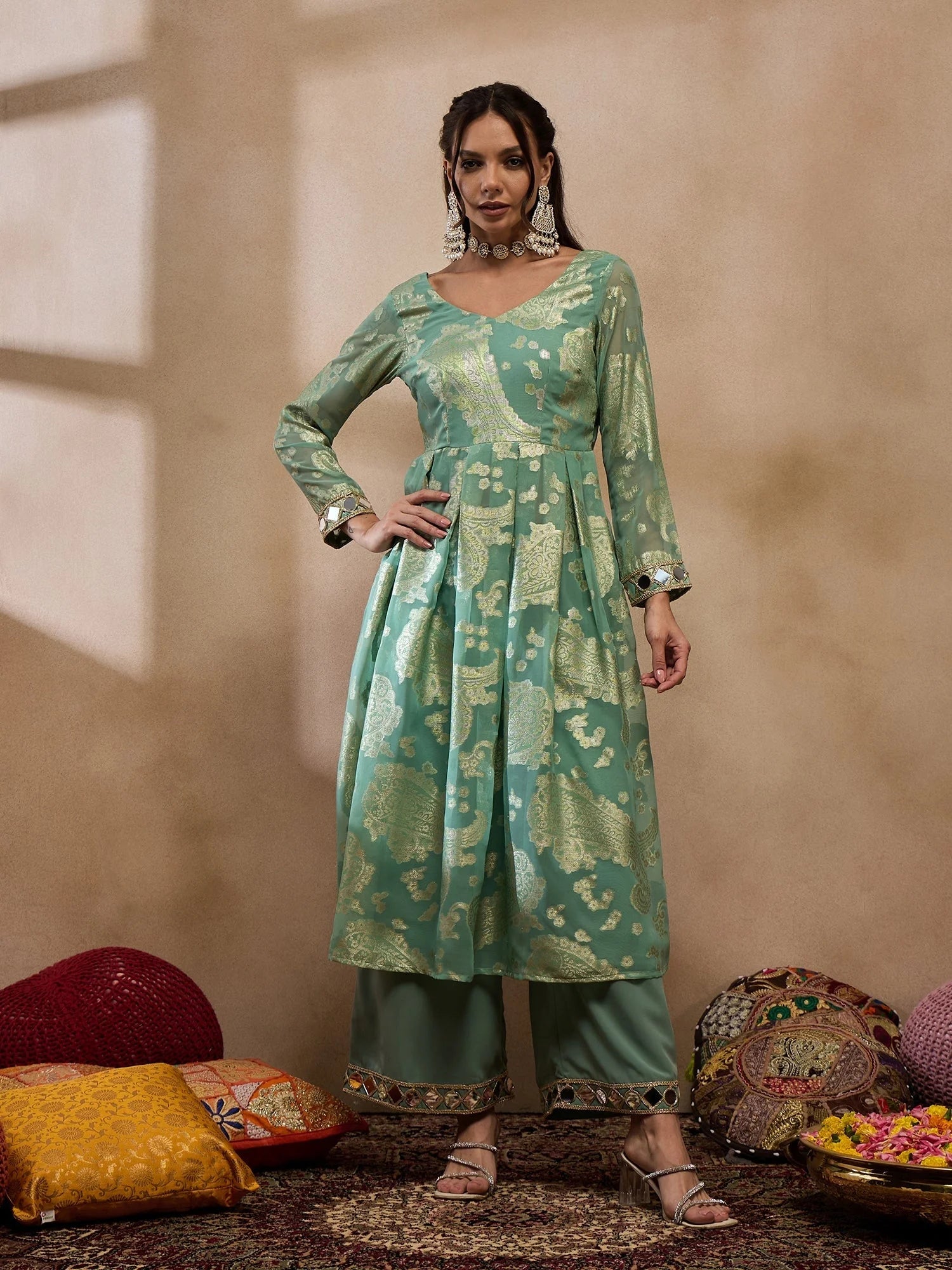 Sea Green Kurta Palazzo Suit Set | Indian Suits For Women
