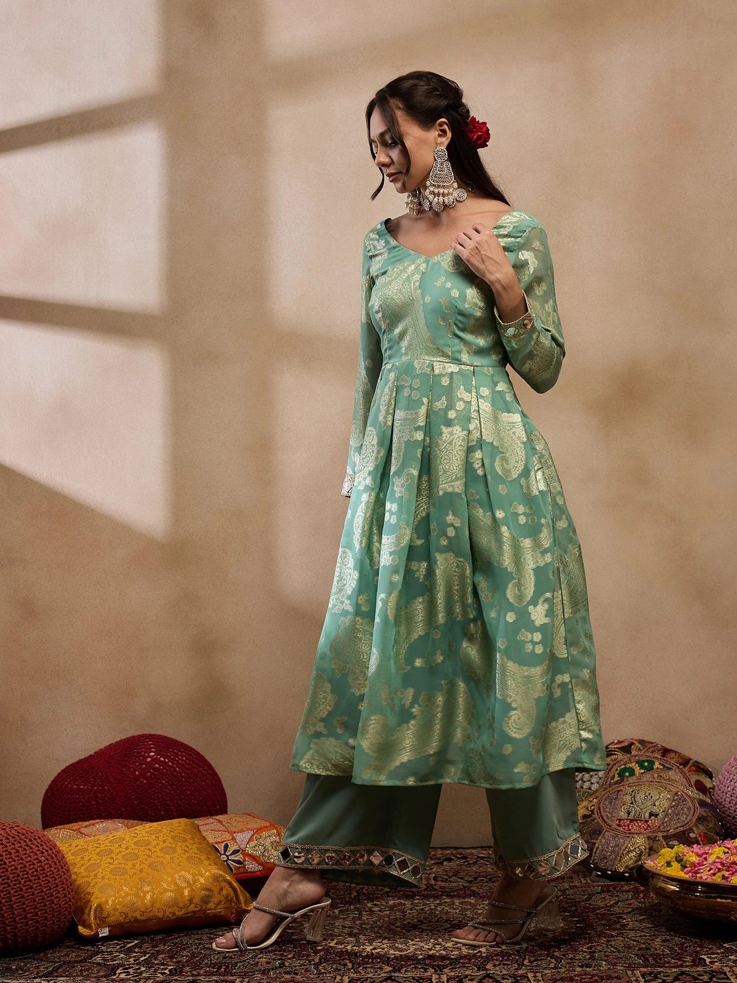 green color indian dress Green Hand Embroidered Gown: Premium Indian Dress by Raas XL / Green