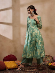 Box Pleat Flare Kurta With Palazzo In Sea Green Color