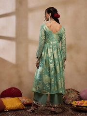 Box Pleat Flare Kurta With Palazzo In Sea Green Color
