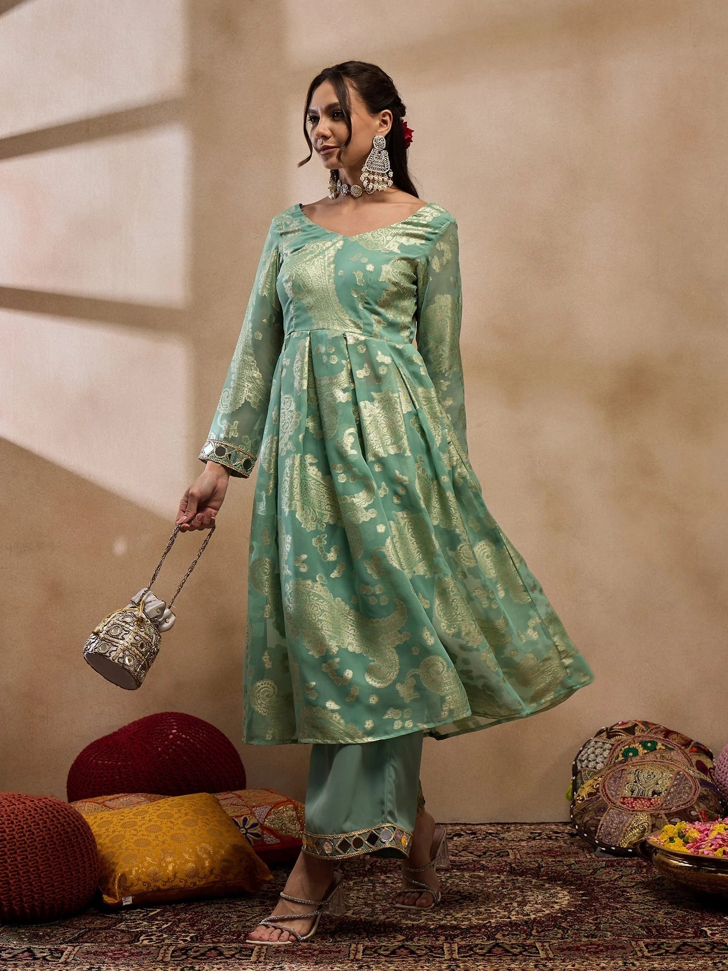 Sea Green Kurta Palazzo Suit Set | Indian Suits For Women
