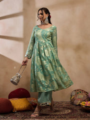 Box Pleat Flare Kurta With Palazzo In Sea Green Color