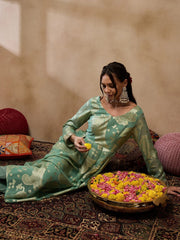 Box Pleat Flare Kurta With Palazzo In Sea Green Color