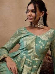 Box Pleat Flare Kurta With Palazzo In Sea Green Color