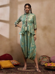 Peplum Low Crotch Jumpsuit In Sea Green Color