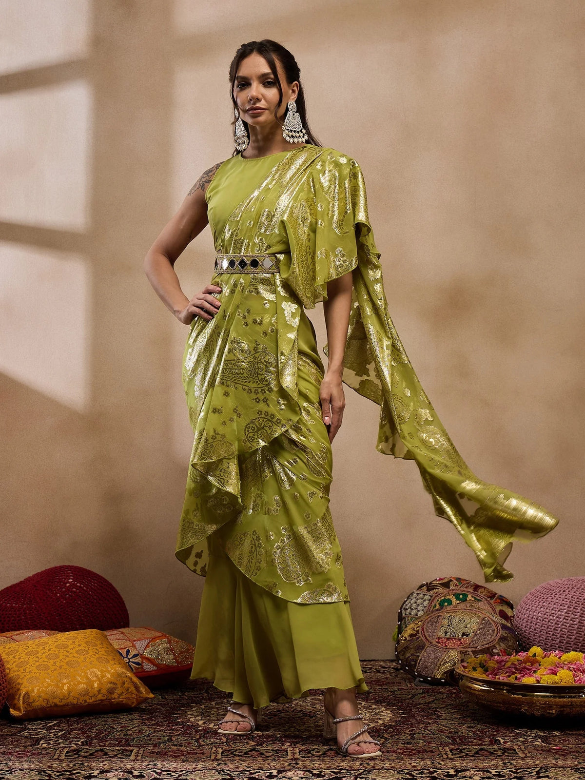 Pre-Draped Sarree With Blouse In Olive Color