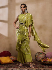Pre-Draped Sarree With Blouse In Olive Color