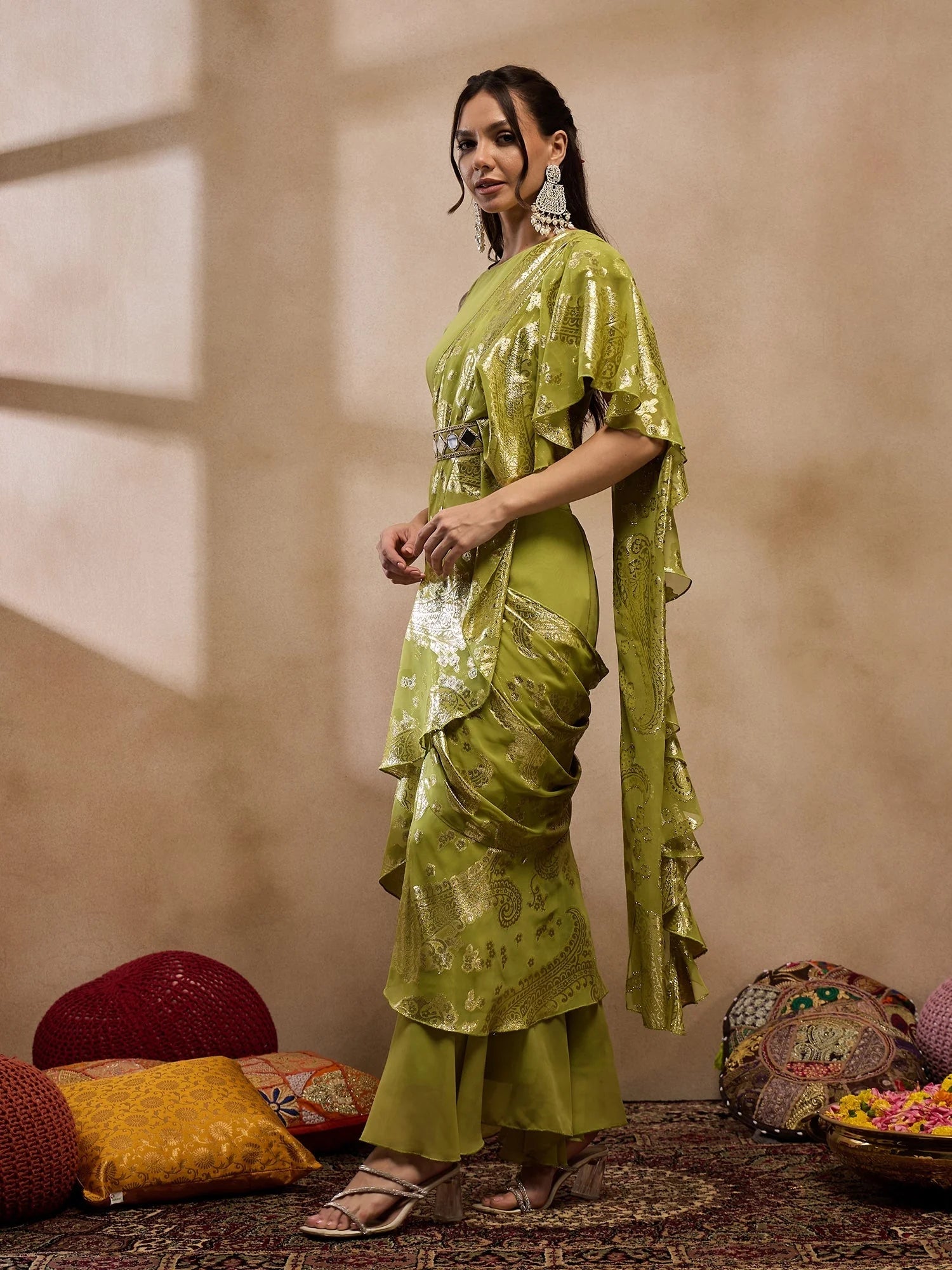 Olive Pre-Draped Indian Saree with Blouse | Designer Sarees
